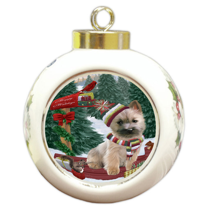 Merry Christmas Woodland Sled Cairn Terrier Dog Round Ball Christmas Ornament RBPOR55239