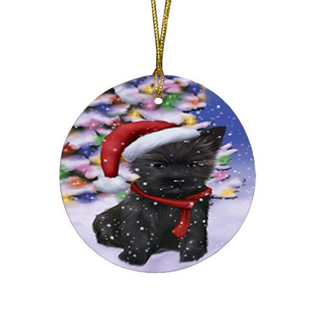 Winterland Wonderland Cairn Terrier Dog In Christmas Holiday Scenic Background  Round Flat Christmas Ornament RFPOR53365