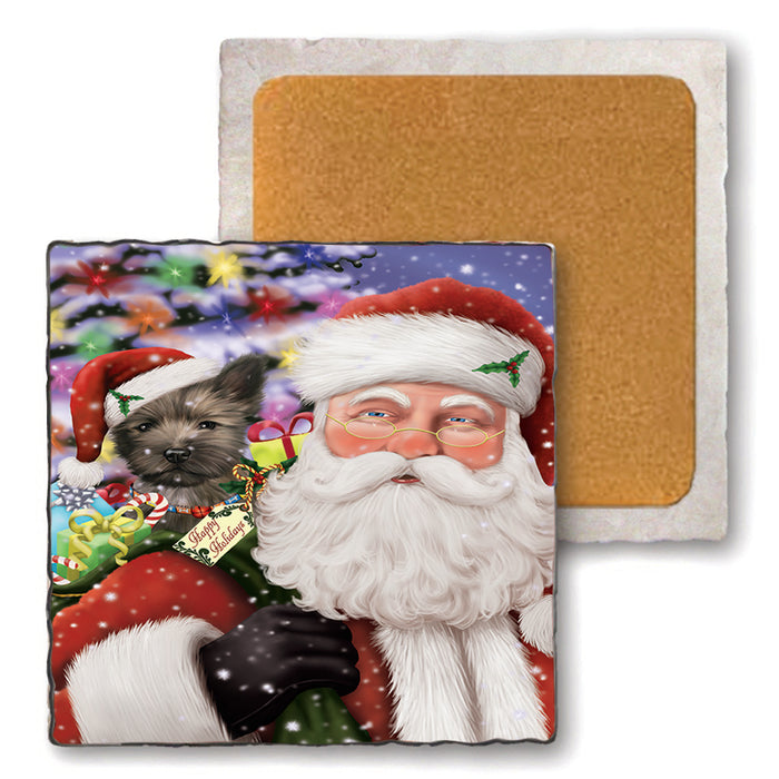 Santa Carrying Cairn Terrier Dog and Christmas Presents Set of 4 Natural Stone Marble Tile Coasters MCST48972
