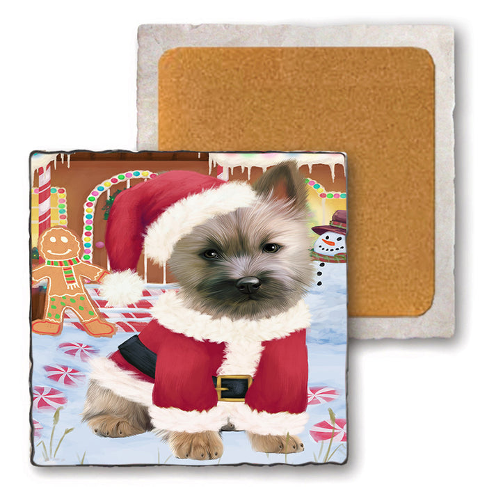 Christmas Gingerbread House Candyfest Cairn Terrier Dog Set of 4 Natural Stone Marble Tile Coasters MCST51291