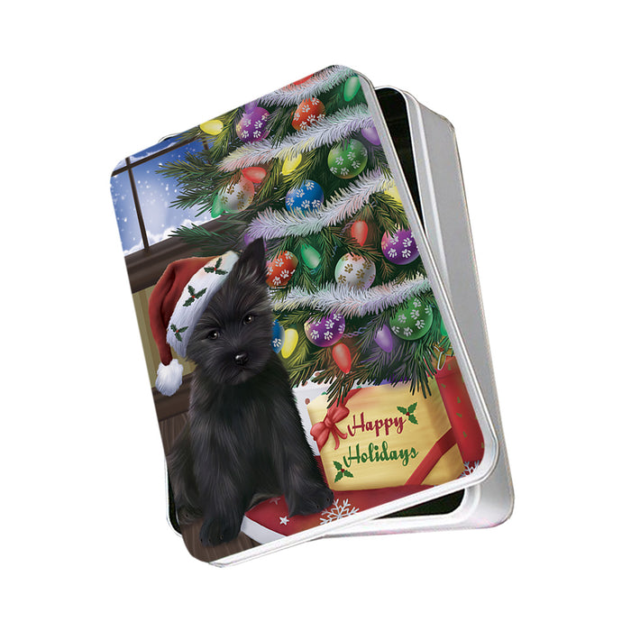 Christmas Happy Holidays Cairn Terrier Dog with Tree and Presents Photo Storage Tin PITN53756