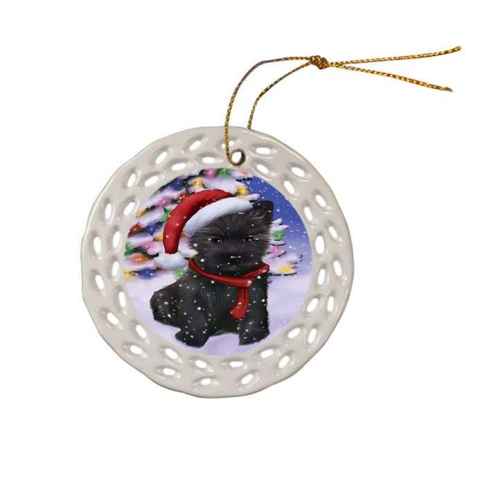 Winterland Wonderland Cairn Terrier Dog In Christmas Holiday Scenic Background  Ceramic Doily Ornament DPOR53374