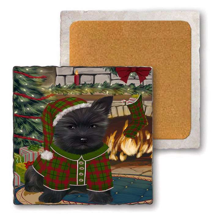 The Stocking was Hung Cairn Terrier Dog Set of 4 Natural Stone Marble Tile Coasters MCST50261