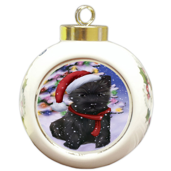 Winterland Wonderland Cairn Terrier Dog In Christmas Holiday Scenic Background  Round Ball Christmas Ornament RBPOR53374