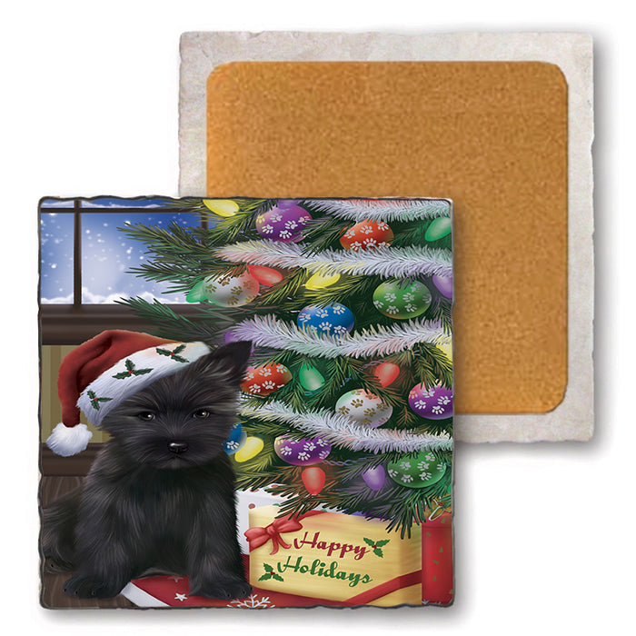 Christmas Happy Holidays Cairn Terrier Dog with Tree and Presents Set of 4 Natural Stone Marble Tile Coasters MCST48813