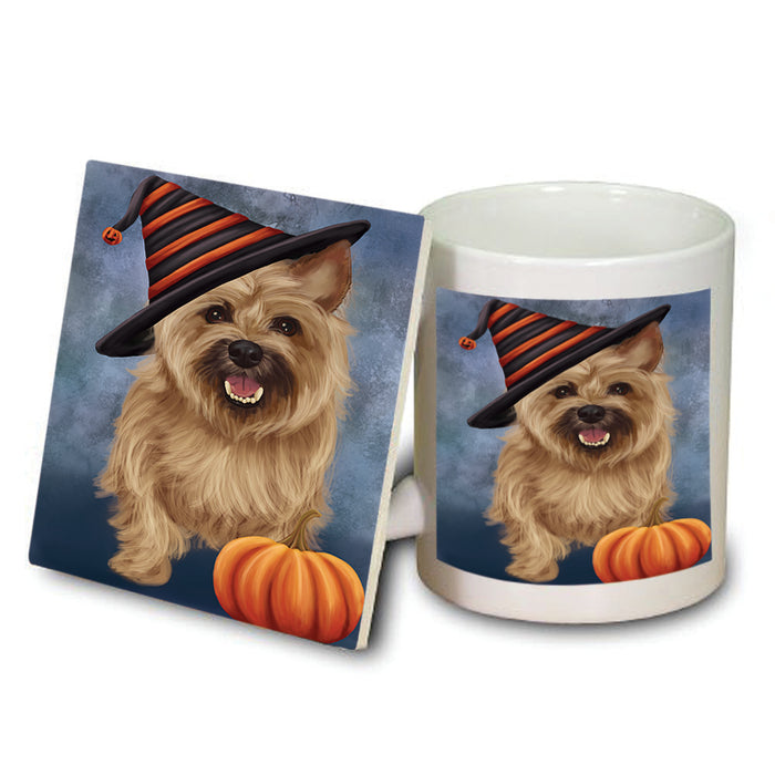 Happy Halloween Cairn Terrier Dog Wearing Witch Hat with Pumpkin Mug and Coaster Set MUC54866