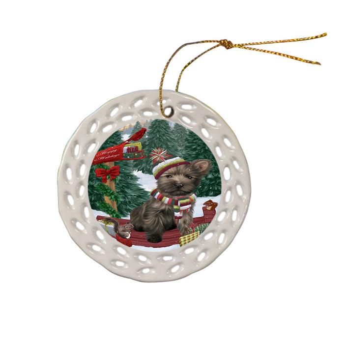 Merry Christmas Woodland Sled Cairn Terrier Dog Ceramic Doily Ornament DPOR55240