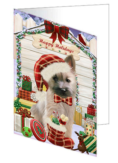 Happy Holidays Christmas Cairn Terrier Dog House with Presents Handmade Artwork Assorted Pets Greeting Cards and Note Cards with Envelopes for All Occasions and Holiday Seasons GCD58163