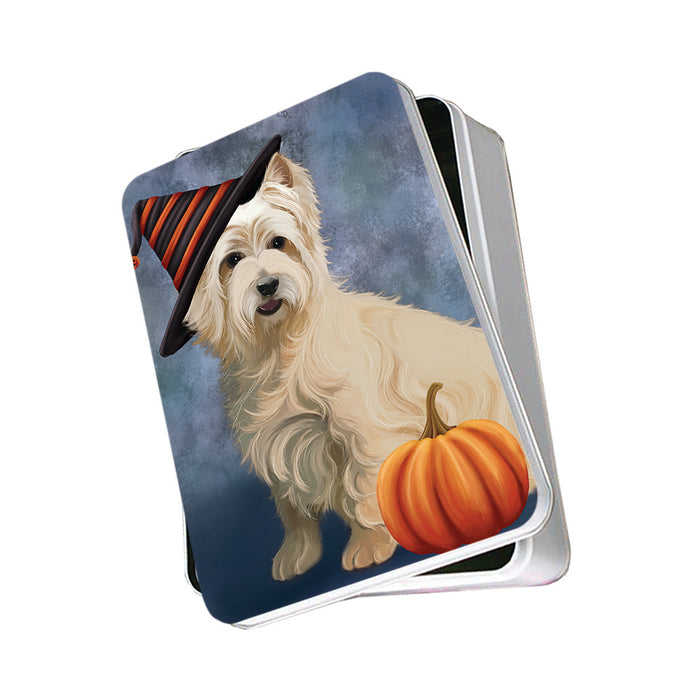 Happy Halloween Cairn Terrier Dog Wearing Witch Hat with Pumpkin Photo Storage Tin PITN54818