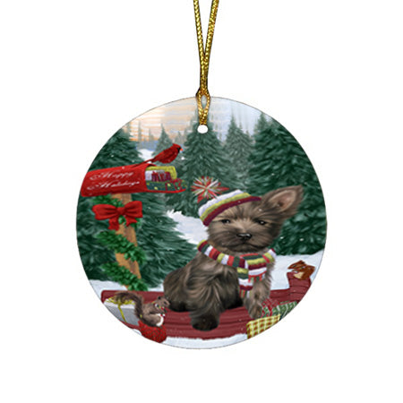 Merry Christmas Woodland Sled Cairn Terrier Dog Round Flat Christmas Ornament RFPOR55240