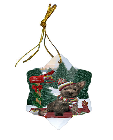 Merry Christmas Woodland Sled Cairn Terrier Dog Star Porcelain Ornament SPOR55240