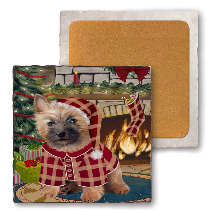 The Stocking was Hung Cairn Terrier Dog Set of 4 Natural Stone Marble Tile Coasters MCST50262