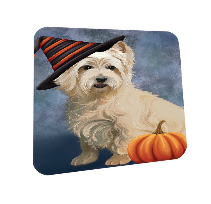 Happy Halloween Cairn Terrier Dog Wearing Witch Hat with Pumpkin Coasters Set of 4 CST54833