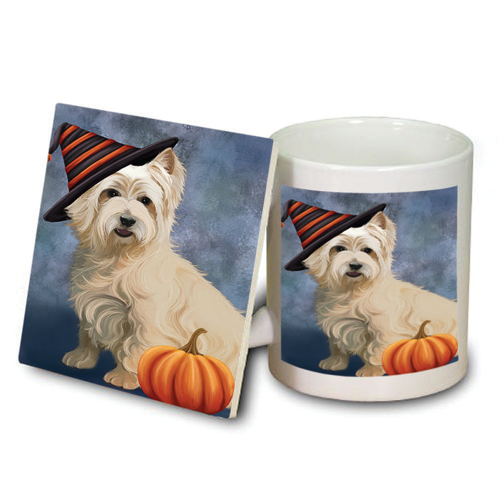 Happy Halloween Cairn Terrier Dog Wearing Witch Hat with Pumpkin Mug and Coaster Set MUC54867