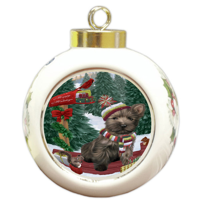 Merry Christmas Woodland Sled Cairn Terrier Dog Round Ball Christmas Ornament RBPOR55240