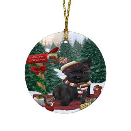 Merry Christmas Woodland Sled Cairn Terrier Dog Round Flat Christmas Ornament RFPOR55241