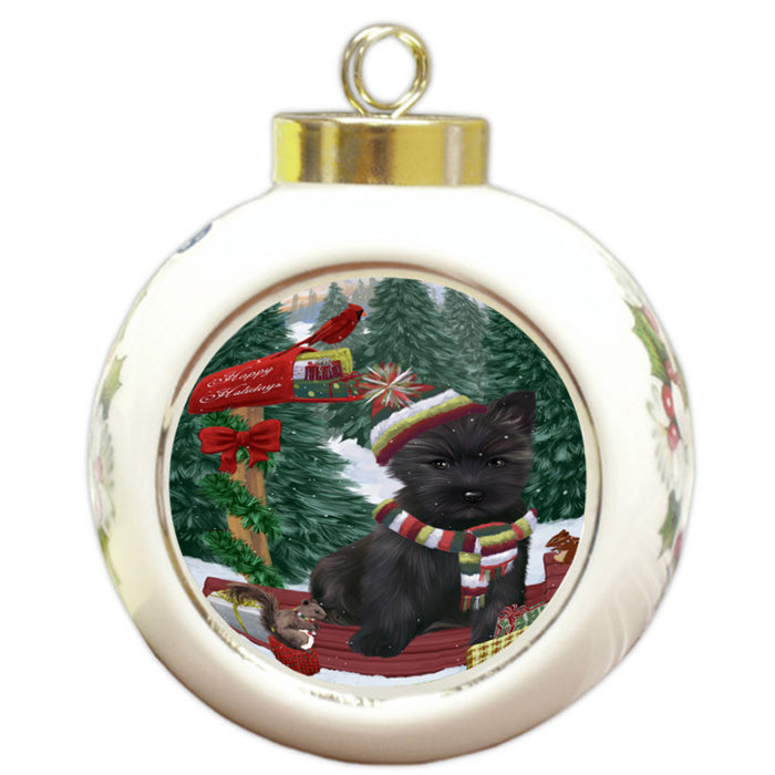 Merry Christmas Woodland Sled Cairn Terrier Dog Round Ball Christmas Ornament RBPOR55241