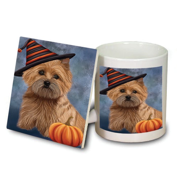 Happy Halloween Cairn Terrier Dog Wearing Witch Hat with Pumpkin Mug and Coaster Set MUC54868