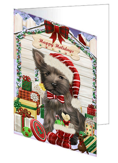 Happy Holidays Christmas Cairn Terrier Dog House with Presents Handmade Artwork Assorted Pets Greeting Cards and Note Cards with Envelopes for All Occasions and Holiday Seasons GCD58166