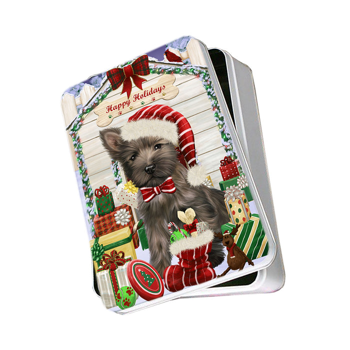 Happy Holidays Christmas Cairn Terrier Dog House with Presents Photo Storage Tin PITN51379