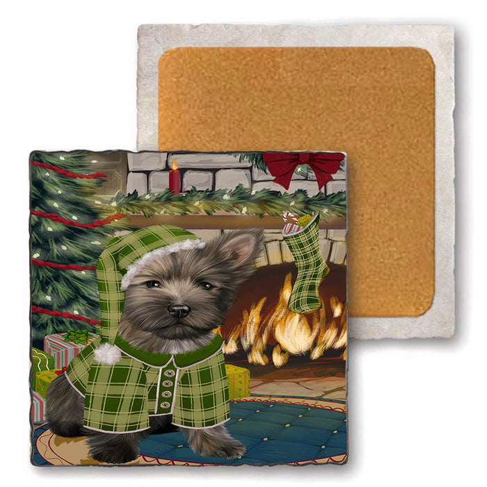 The Stocking was Hung Cairn Terrier Dog Set of 4 Natural Stone Marble Tile Coasters MCST50263