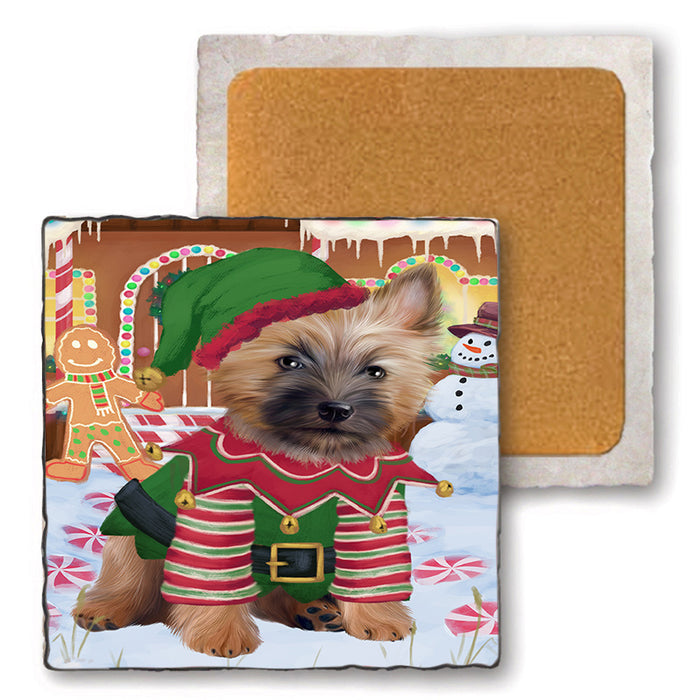 Christmas Gingerbread House Candyfest Cairn Terrier Dog Set of 4 Natural Stone Marble Tile Coasters MCST51293