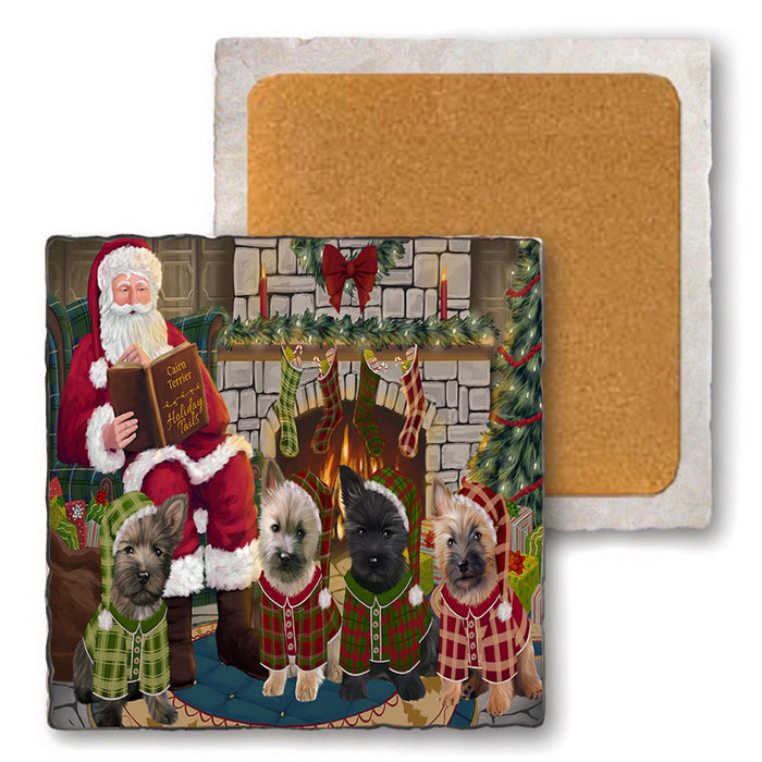 Christmas Cozy Holiday Tails Cairn Terriers Dog Set of 4 Natural Stone Marble Tile Coasters MCST50113