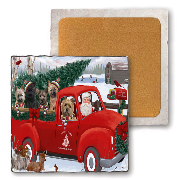 Christmas Santa Express Delivery Cairn Terriers Dog Family Set of 4 Natural Stone Marble Tile Coasters MCST50024