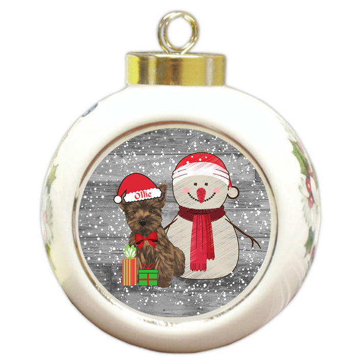 Custom Personalized Snowy Snowman and Cairn Terrier Dog Christmas Round Ball Ornament