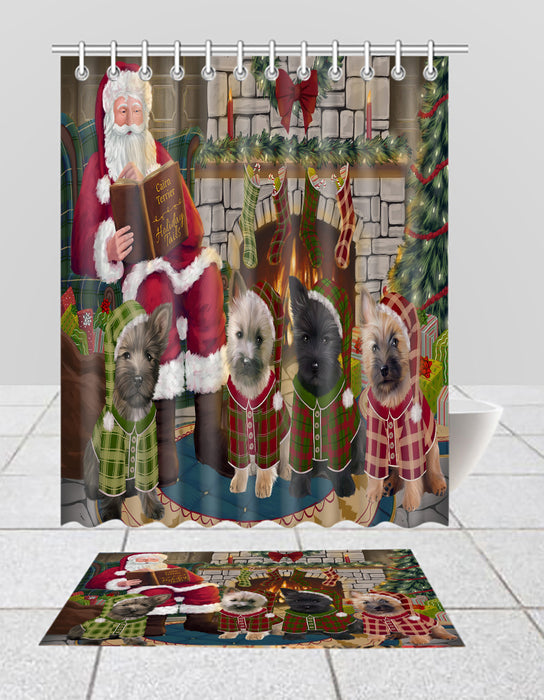 Christmas Cozy Holiday Fire Tails Cairn Terrier Dogs Bath Mat and Shower Curtain Combo