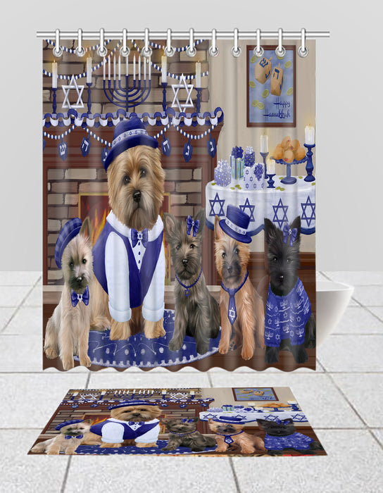 Happy Hanukkah Family Cairn Terrier Dogs Bath Mat and Shower Curtain Combo
