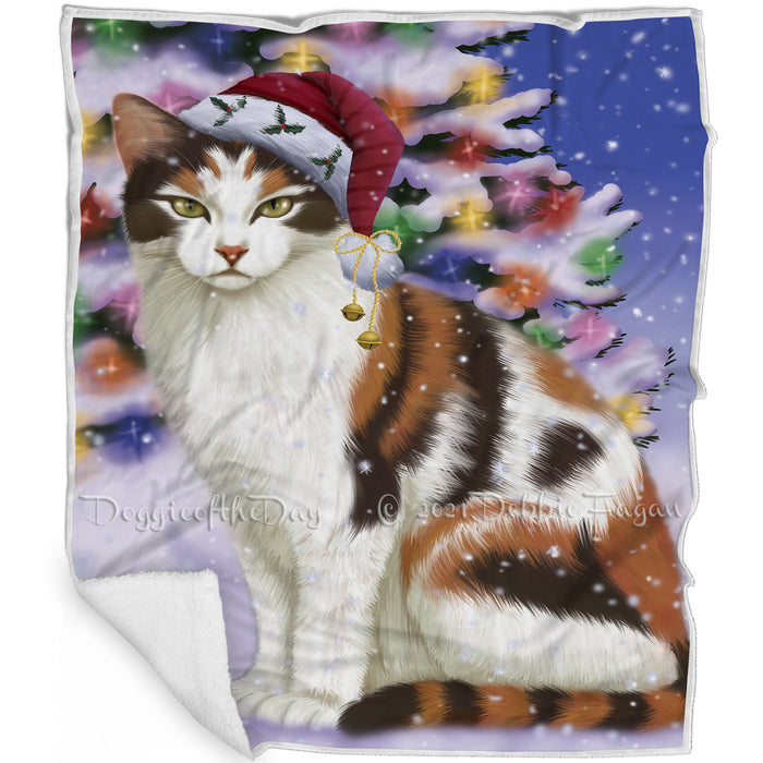 Winterland Wonderland Calico Cat In Christmas Holiday Scenic Background Blanket BLNKT120666