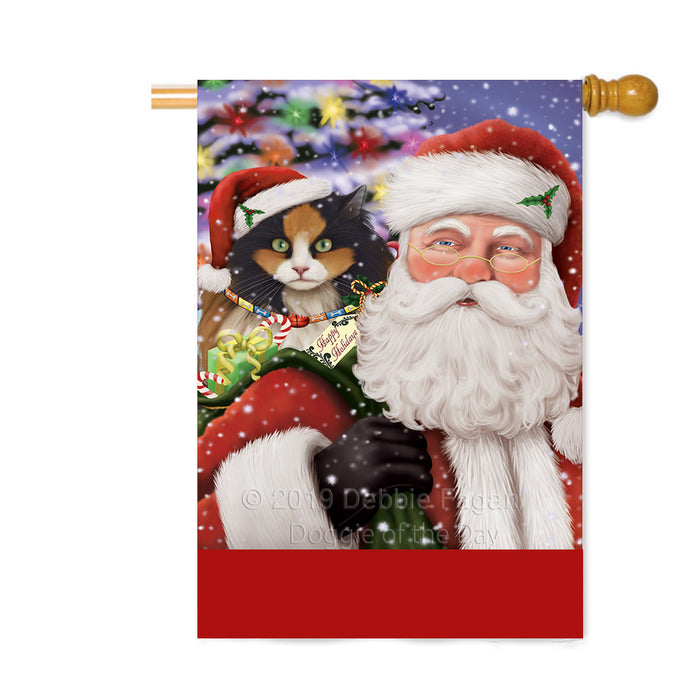 Personalized Santa Carrying Calico Cat and Christmas Presents Custom House Flag FLG-DOTD-A63439