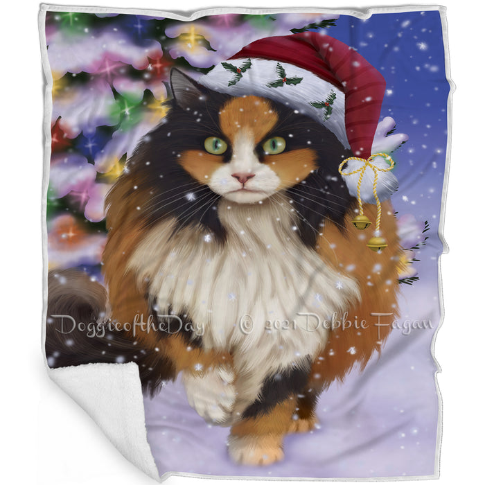 Winterland Wonderland Calico Cat In Christmas Holiday Scenic Background Blanket BLNKT120675