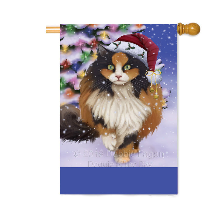 Personalized Winterland Wonderland Calico Cat In Christmas Holiday Scenic Background Custom House Flag FLG-DOTD-A61331