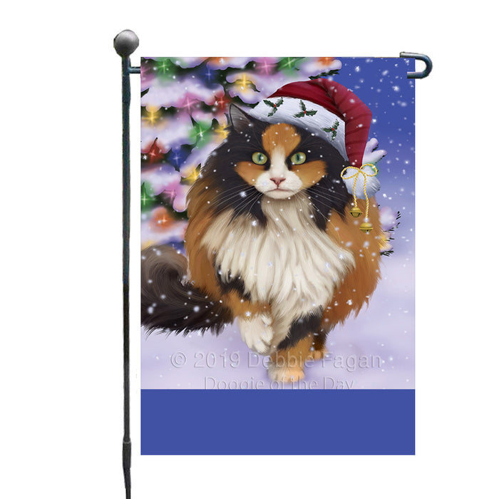 Personalized Winterland Wonderland Calico Cat In Christmas Holiday Scenic Background Custom Garden Flags GFLG-DOTD-A61275