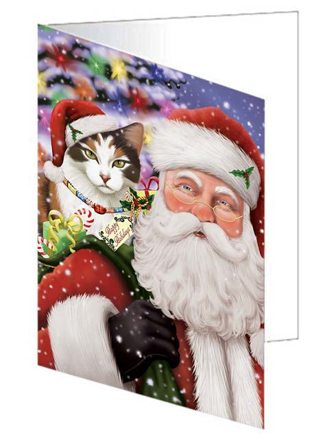 Santa Carrying Calico Cat and Christmas Presents Handmade Artwork Assorted Pets Greeting Cards and Note Cards with Envelopes for All Occasions and Holiday Seasons GCD71006