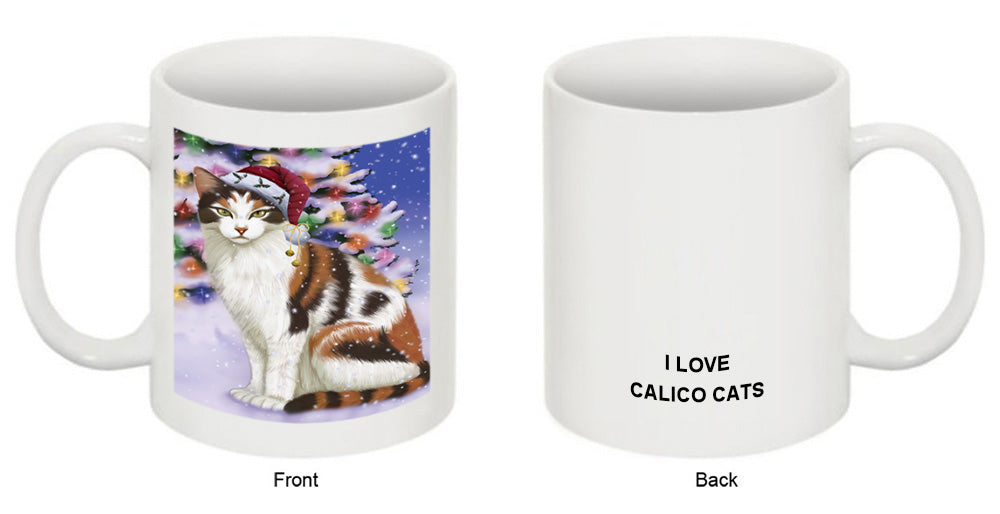 Winterland Wonderland Calico Cat In Christmas Holiday Scenic Background Coffee Mug MUG51093