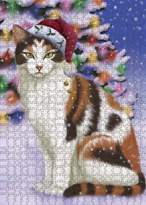 Winterland Wonderland Calico Cat In Christmas Holiday Scenic Background Puzzle with Photo Tin PUZL90984