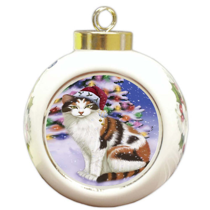 Winterland Wonderland Calico Cat In Christmas Holiday Scenic Background Round Ball Christmas Ornament RBPOR56051