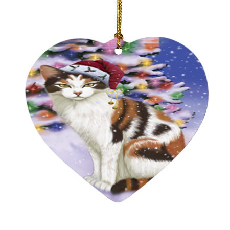 Winterland Wonderland Calico Cat In Christmas Holiday Scenic Background Heart Christmas Ornament HPOR56051