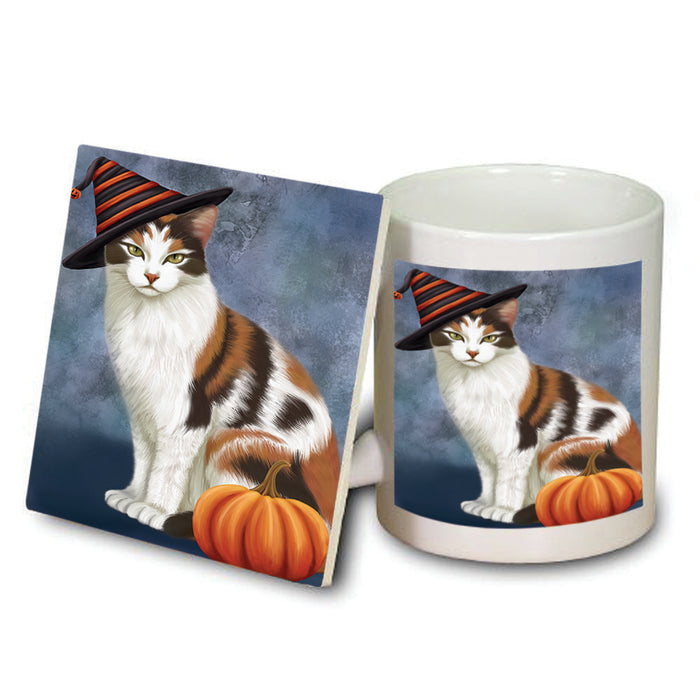 Happy Halloween Calico Cat Wearing Witch Hat with Pumpkin Mug and Coaster Set MUC54869