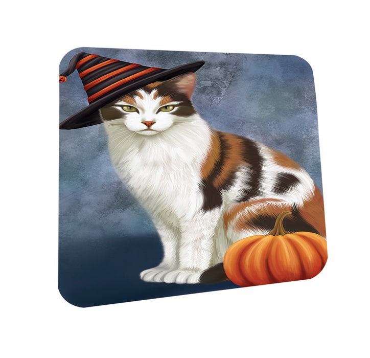 Happy Halloween Calico Cat Wearing Witch Hat with Pumpkin Coasters Set of 4 CST54835
