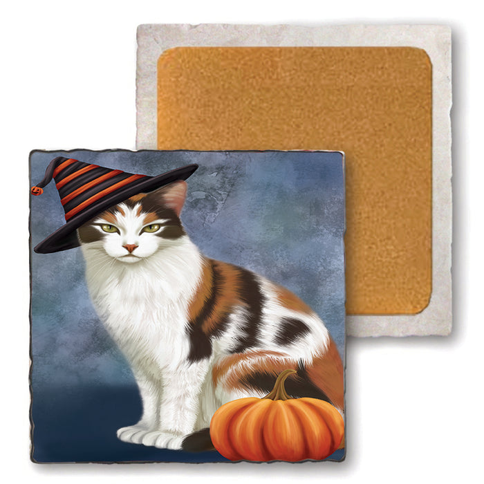 Happy Halloween Calico Cat Wearing Witch Hat with Pumpkin Set of 4 Natural Stone Marble Tile Coasters MCST49877