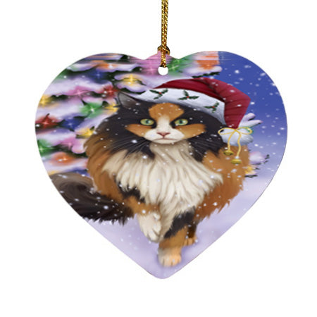 Winterland Wonderland Calico Cat In Christmas Holiday Scenic Background Heart Christmas Ornament HPOR56050