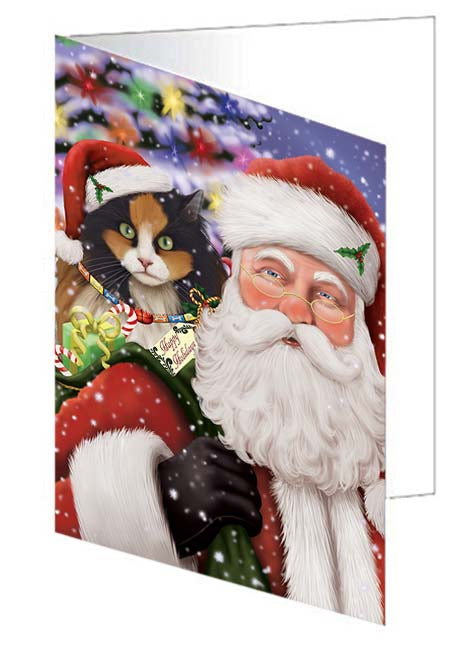 Santa Carrying Calico Cat and Christmas Presents Handmade Artwork Assorted Pets Greeting Cards and Note Cards with Envelopes for All Occasions and Holiday Seasons GCD71003