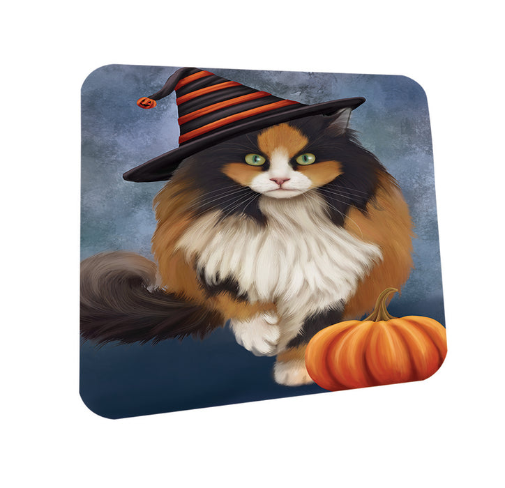 Happy Halloween Calico Cat Wearing Witch Hat with Pumpkin Coasters Set of 4 CST54836