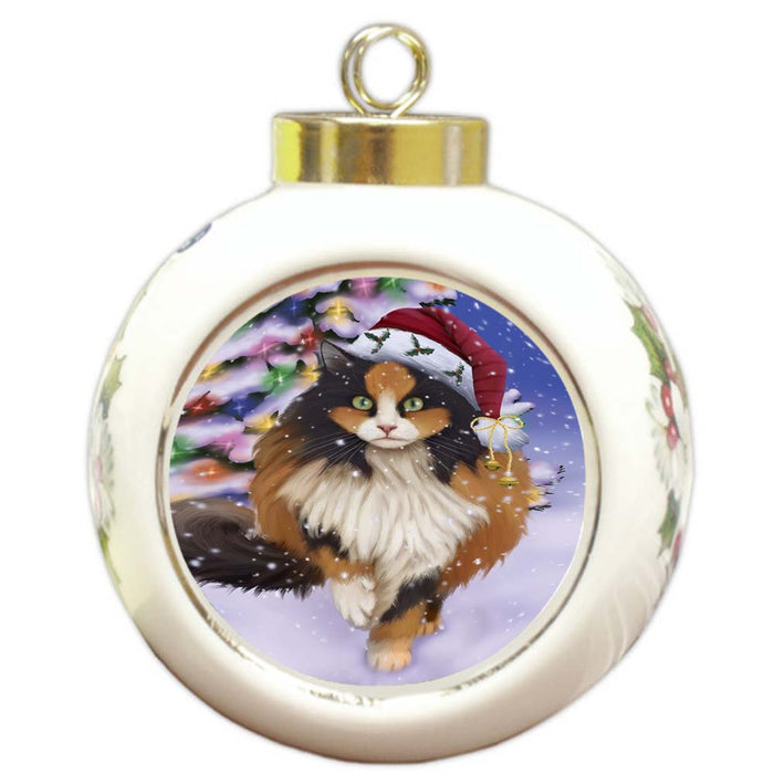 Winterland Wonderland Calico Cat In Christmas Holiday Scenic Background Round Ball Christmas Ornament RBPOR56050