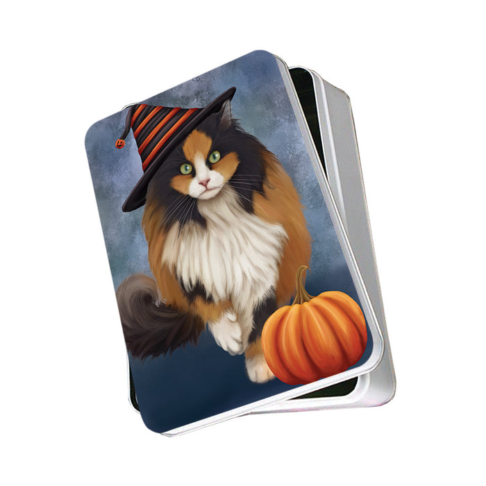 Happy Halloween Calico Cat Wearing Witch Hat with Pumpkin Photo Storage Tin PITN54821