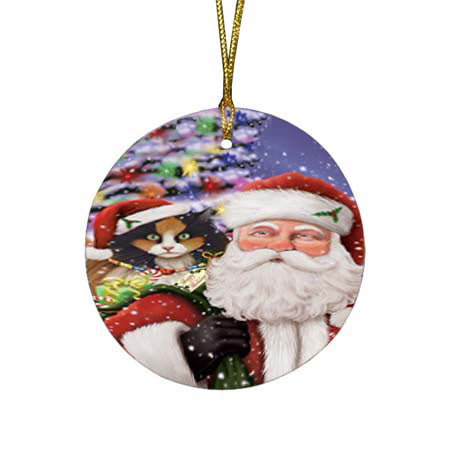 Santa Carrying Calico Cat and Christmas Presents Round Flat Christmas Ornament RFPOR55852